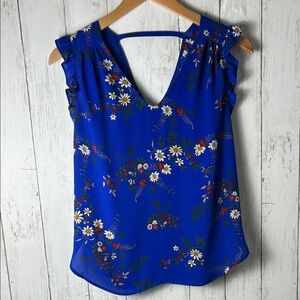 Premise Royal Blue Floral Blouse XS Ruffle Sleeve V-Neck Spring Top